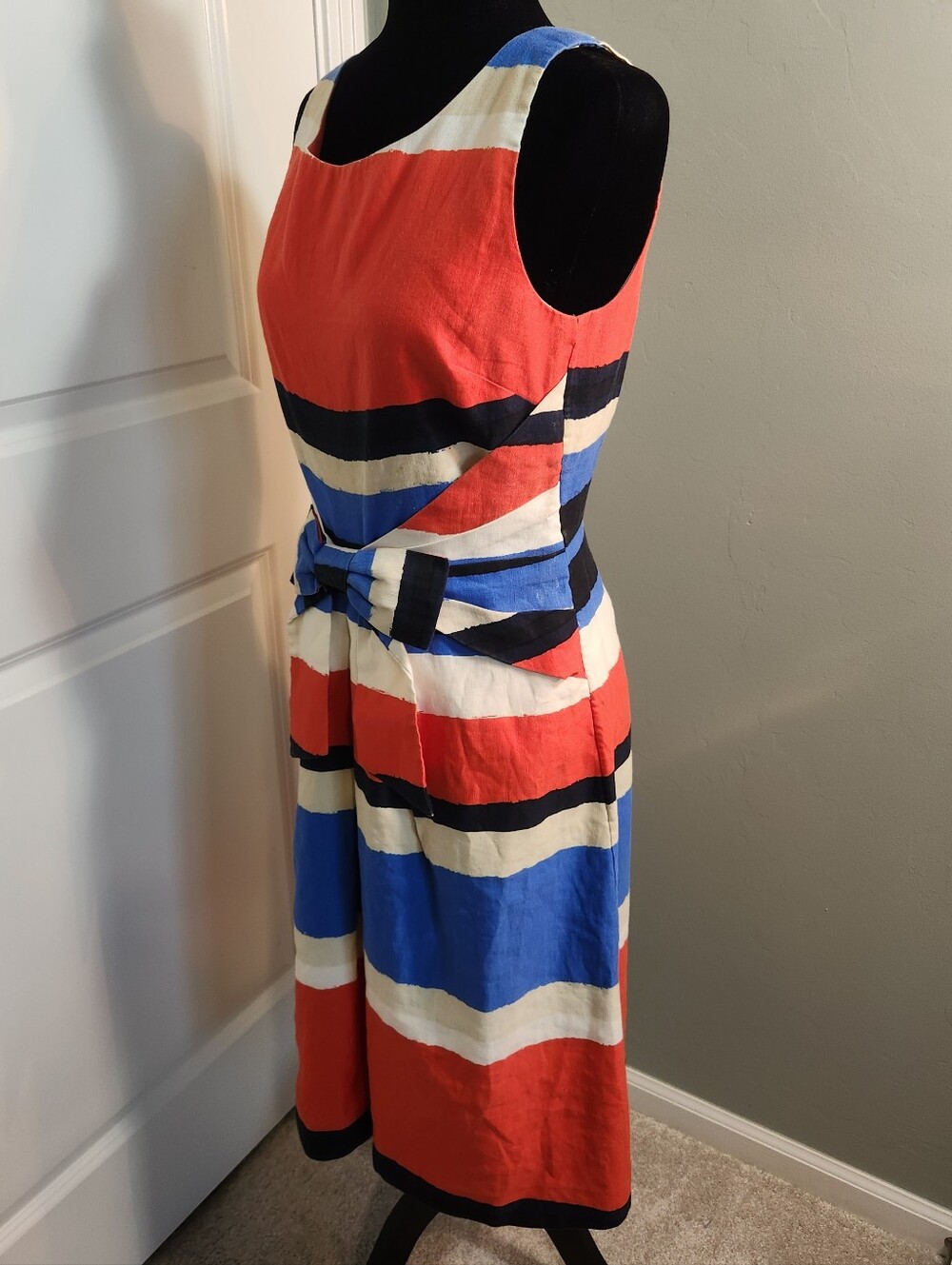 kate spade Coral, Blue & White Striped Sleeveless Midi Dress with Bow Waist - Picture 4 of 10